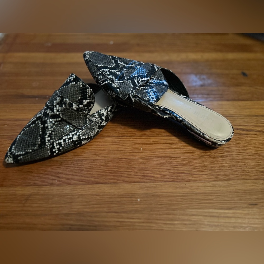 Snake skin mules with kitten heel